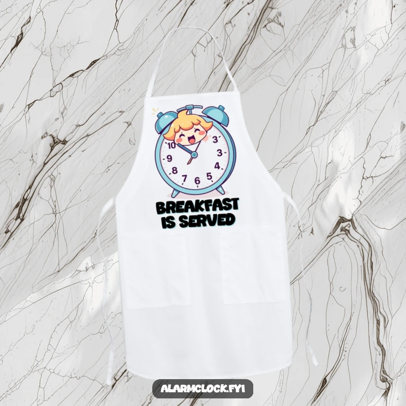 Funny apron graphic of a character joyfully smashing a large, cartoon alarm clock, perfect for humorous kitchen adventures.