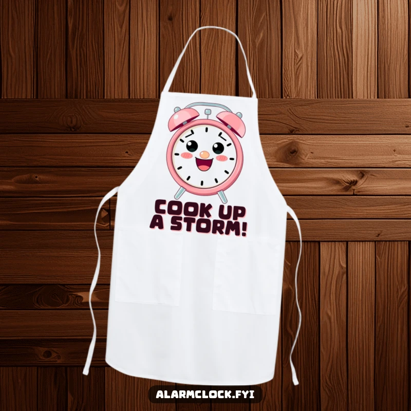 Funny apron with an excited, cute alarm clock character actively ringing, perfect for a humorous kitchen.