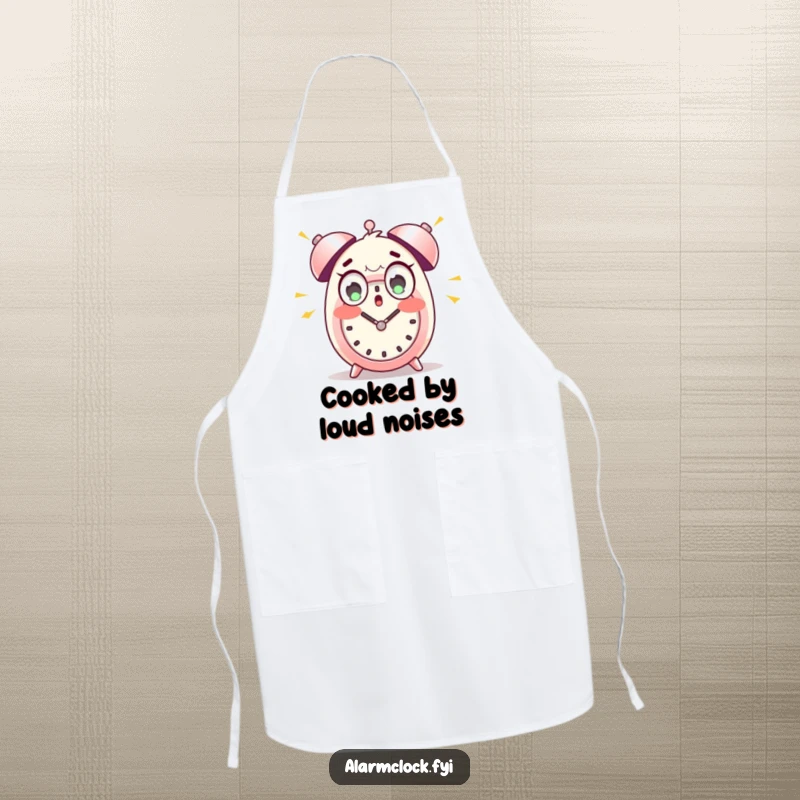 Funny apron showcasing a wide-eyed character startled by loud alarm clock bells, ideal for a humorous kitchen accessory.