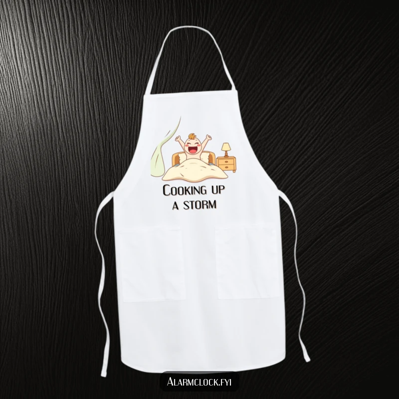 Funny apron showing an excited character energetically jumping out of bed, ideal for humorous and active kitchen duties.