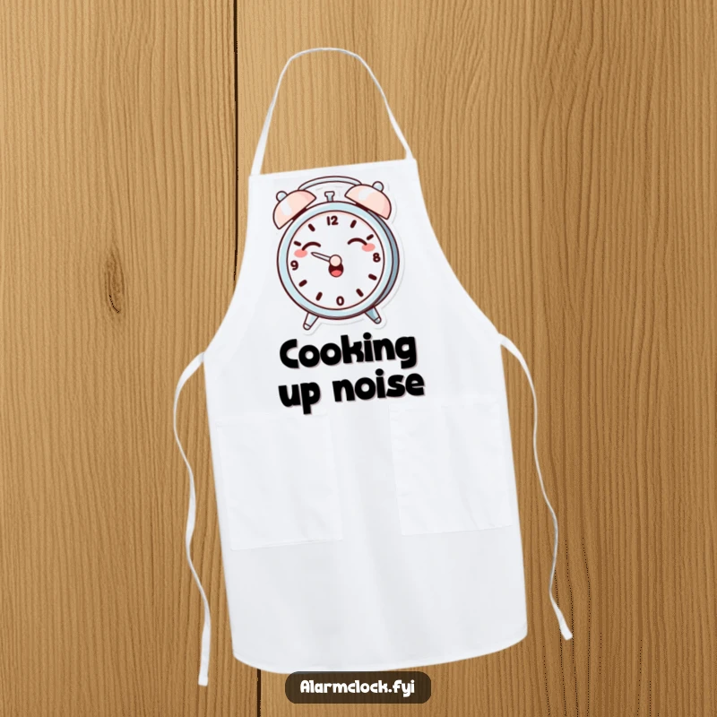 Funny apron with a giggling alarm clock character dramatically covering its ears, perfect for a humorous cooking experience.