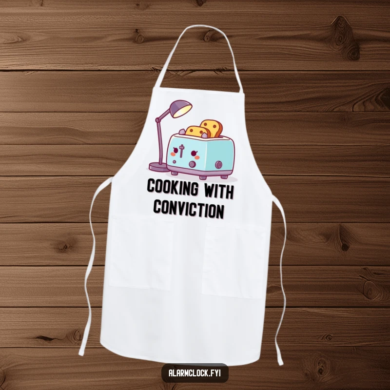 Funny apron showing a toaster toasting bread with a desk lamp, a humorous and practical kitchen accessory for chefs.