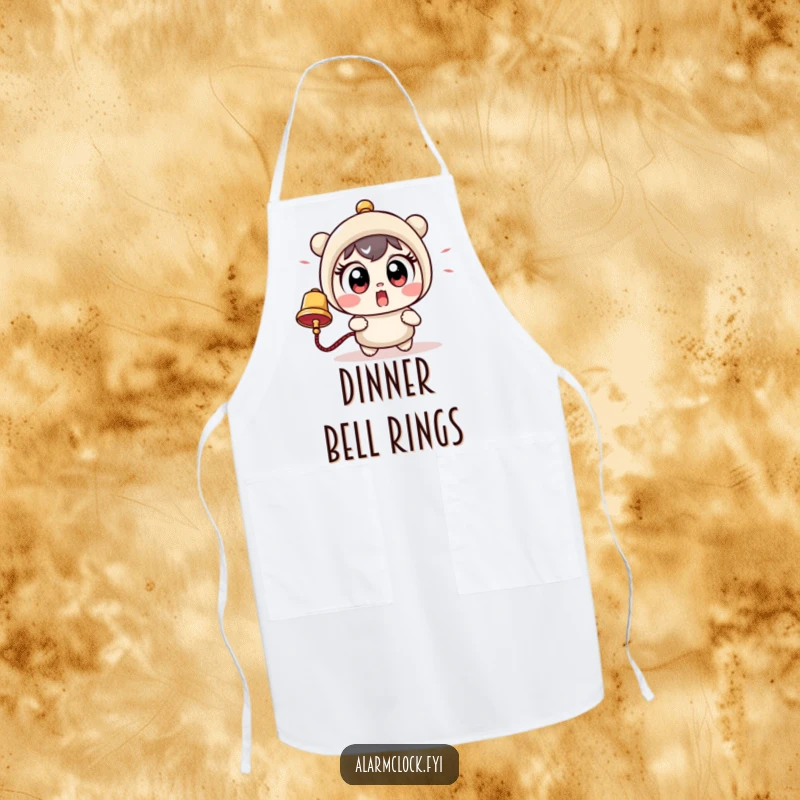 Funny apron graphic of a cute character with wide, shocked eyes recoiling from a loud bell, perfect for humorous kitchen antics.