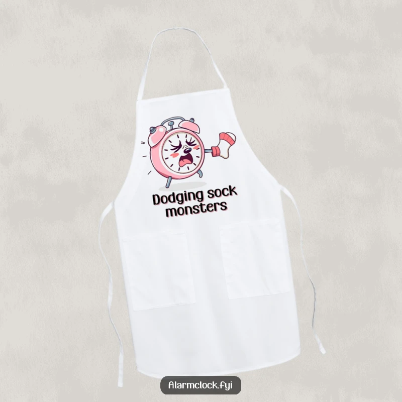 Funny apron design with a sweating alarm clock fleeing a rogue sock, perfect for kitchen humor and protecting clothes.