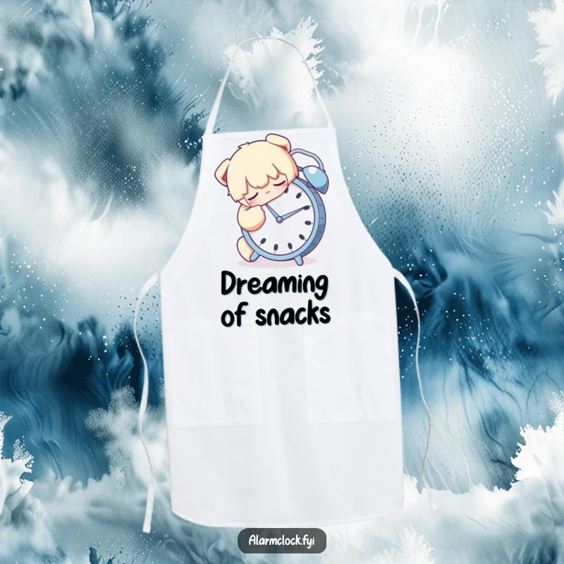 Funny apron featuring a sleeping character hugging an alarm clock tightly, perfect for cozy kitchen humor.