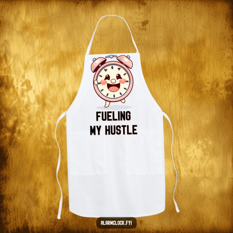 Funny apron with a cheerful character determinedly grabbing a ringing alarm clock, ready to conquer kitchen tasks with humor.