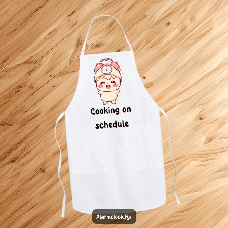 Funny apron depicting a giggling character wearing an alarm clock as a hat, a humorous kitchen essential.