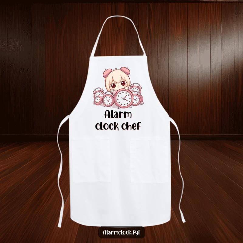 Funny apron with a character peeking from behind a chaotic pile of small alarm clocks, ready to tackle any kitchen task with a smile.
