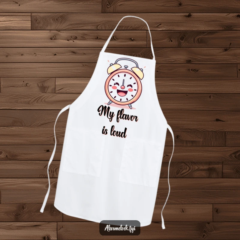 Funny apron with a smiling alarm clock character ringing loudly with cheerful energy, perfect for a joyful cooking experience.