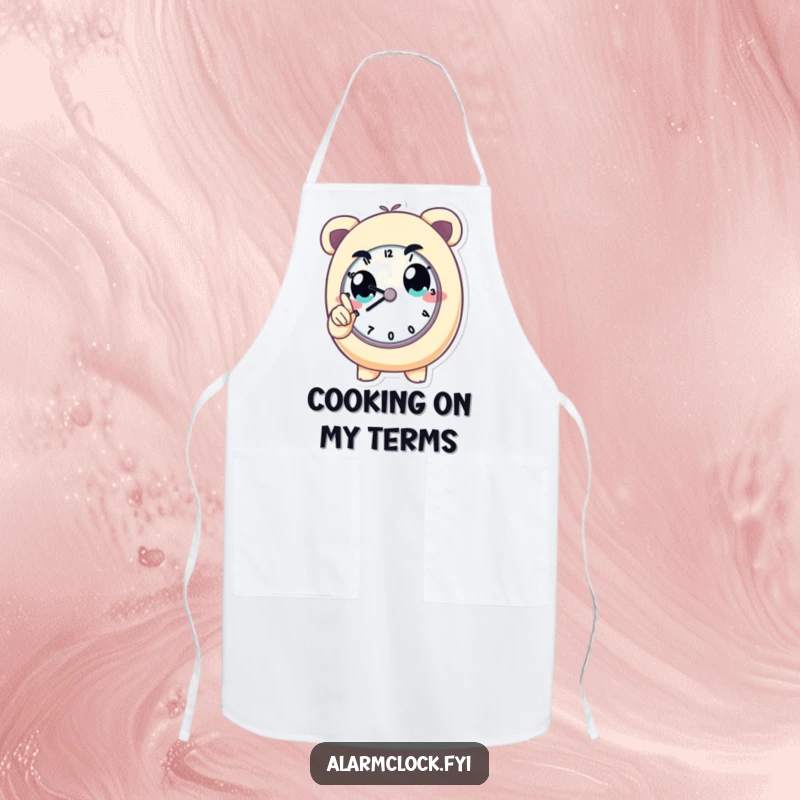 Funny apron showing a determined character pointing at a clock, ideal for a chef who loves punctuality. Great funny gift.