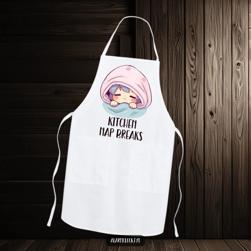 Funny apron featuring a groggy character peeking from under a blanket, perfect for the cook who operates on coffee and minimal consciousness.