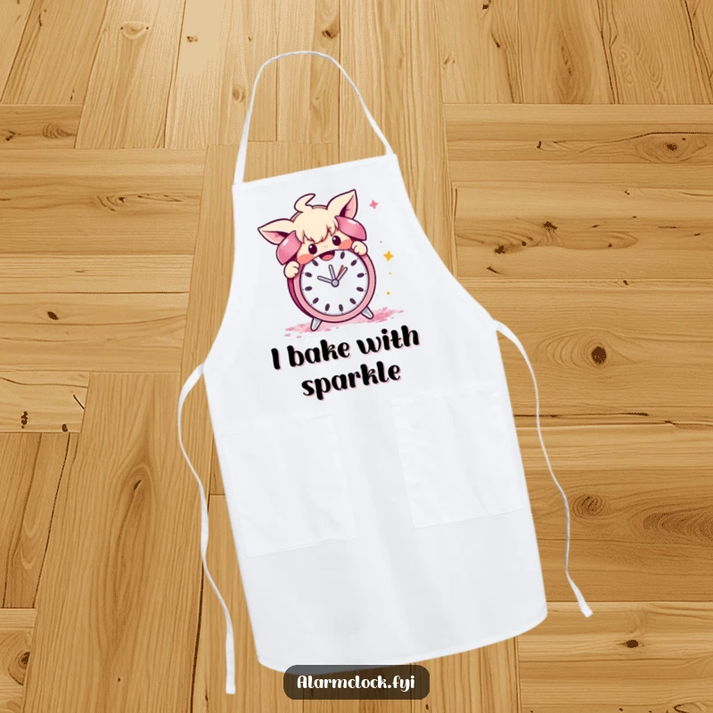 Funny chef apron depicting a mischievous character covering an alarm clock with glitter, ideal for cooks who enjoy playful chaos.