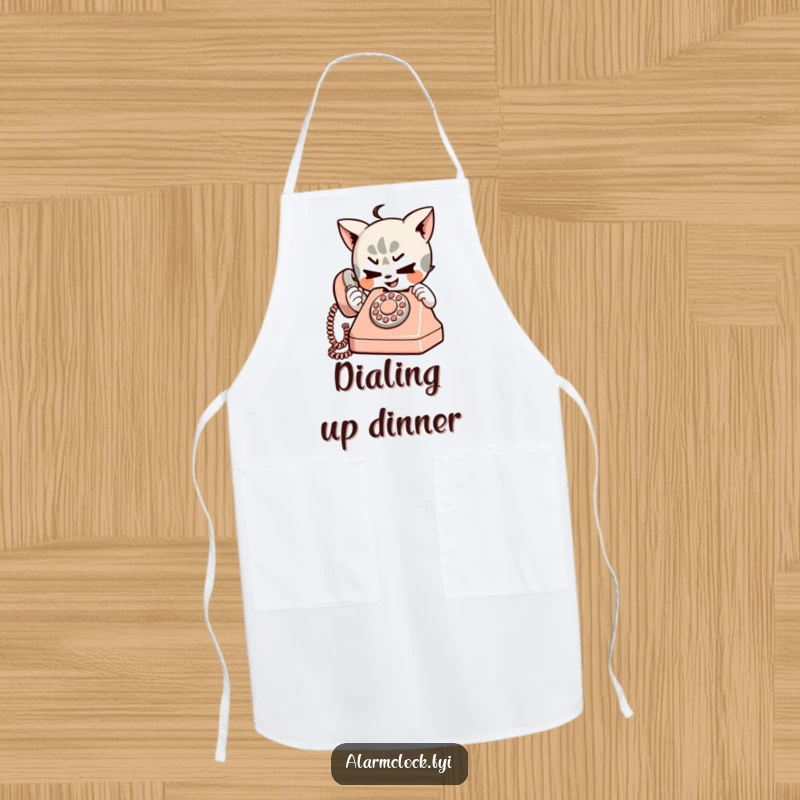 Funny apron graphic of a mischievous character playfully dialing a small, retro telephone, perfect for humorous culinary adventures.