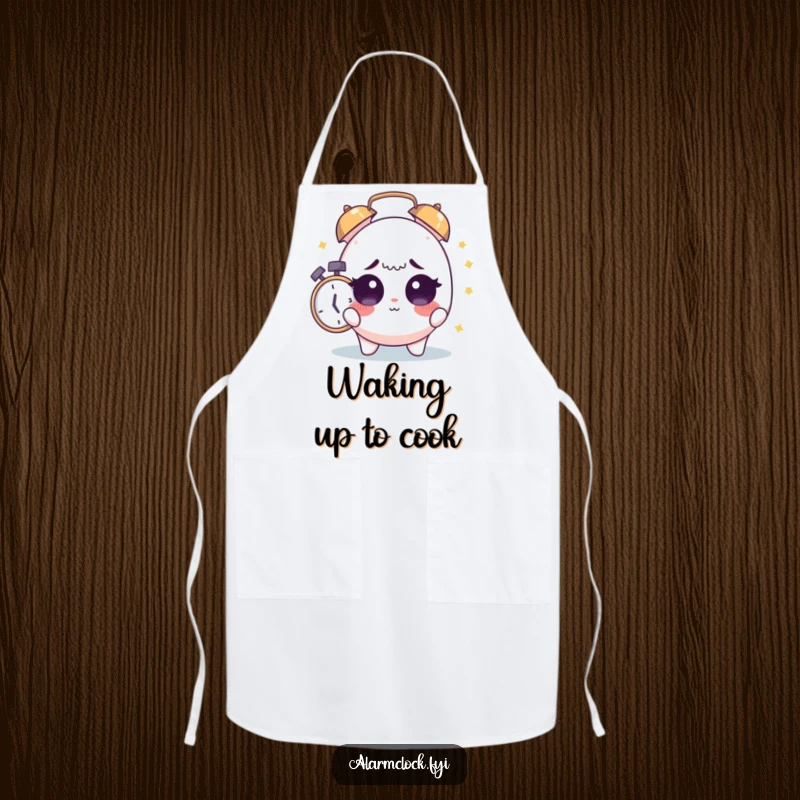Funny Morning Alarm Apron: Cute character startled awake by an alarm, ready for a funny kitchen task.