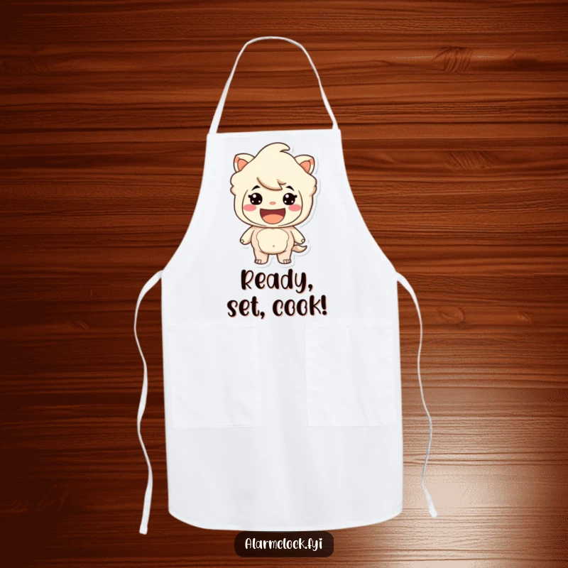 Funny apron showing a grinning character ready for action, ideal for a cook who loves adventure. Great funny gift.