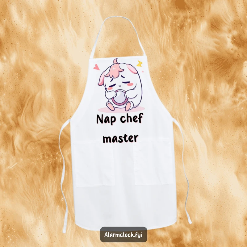 Funny apron showcasing a sleepy character repeatedly hitting the snooze button, a comical kitchen accessory.