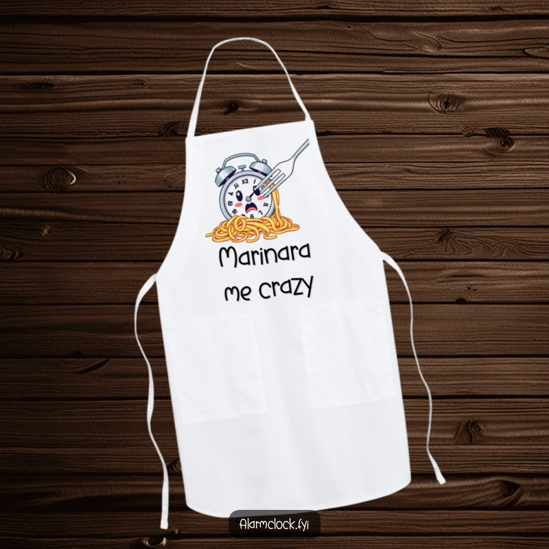 Funny apron depicting a spaghetti-covered alarm clock escaping a fork, a humorous kitchen essential.