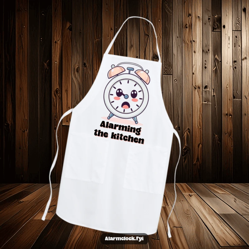 Funny apron featuring a loudly ringing alarm clock character with a surprised face, perfect for kitchen humor.