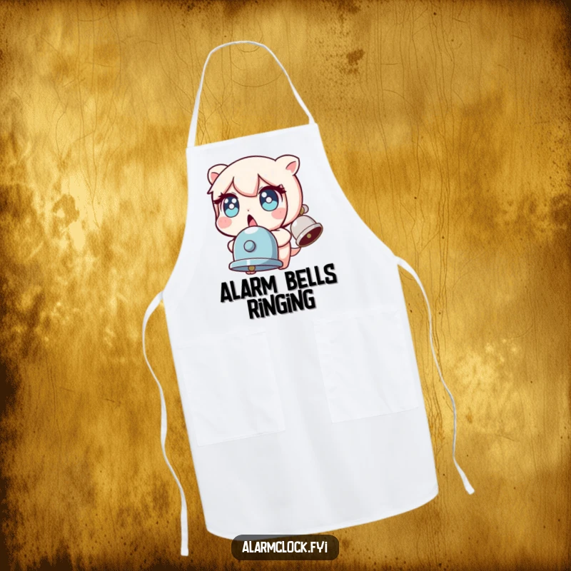 Funny apron showing a character with wide, startled eyes, reacting to a ringing bell, ideal for humorous kitchen activities.