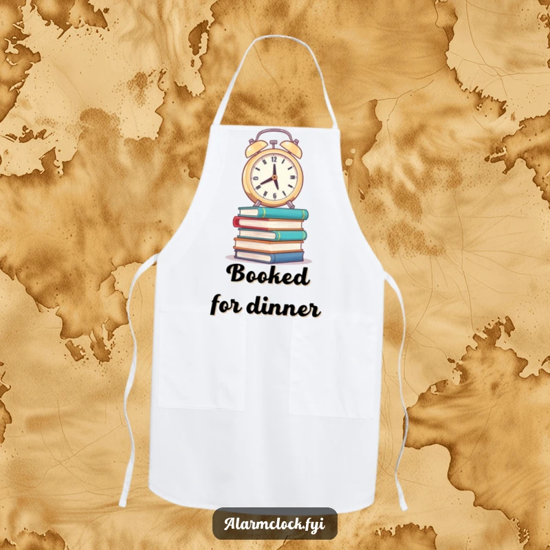 Funny apron with a weary alarm clock balancing on wobbly books, ideal for humorous kitchen wear.