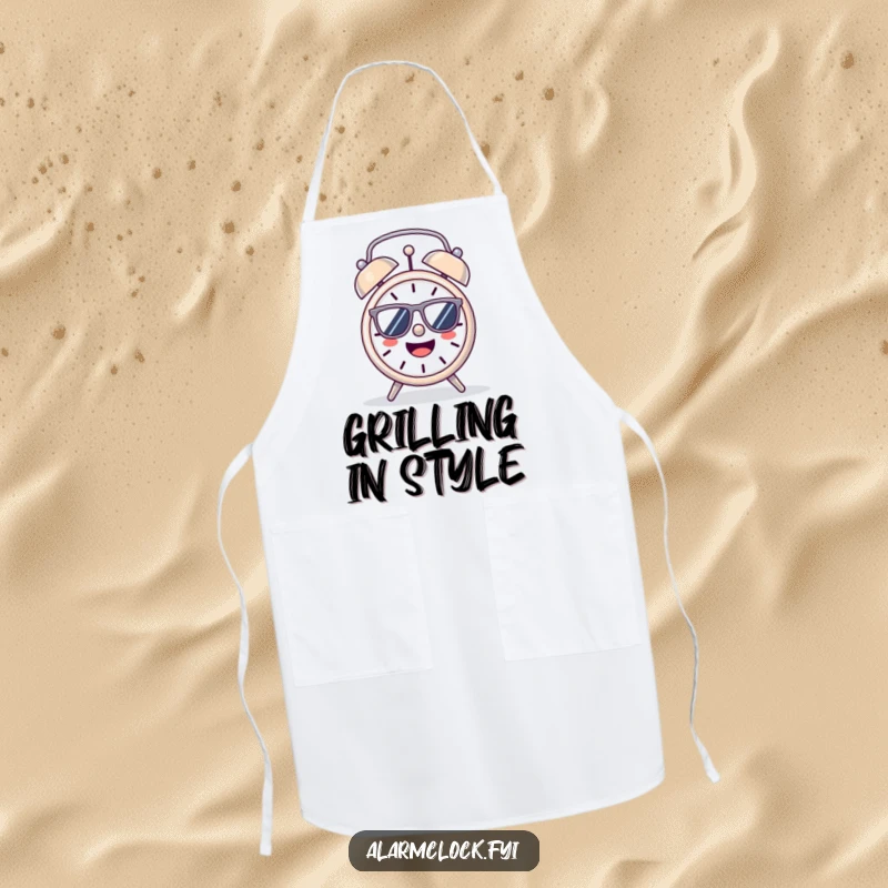 Funny Apron: A cheerful alarm clock with sunglasses, basking in the sun, perfect for happy cooking.