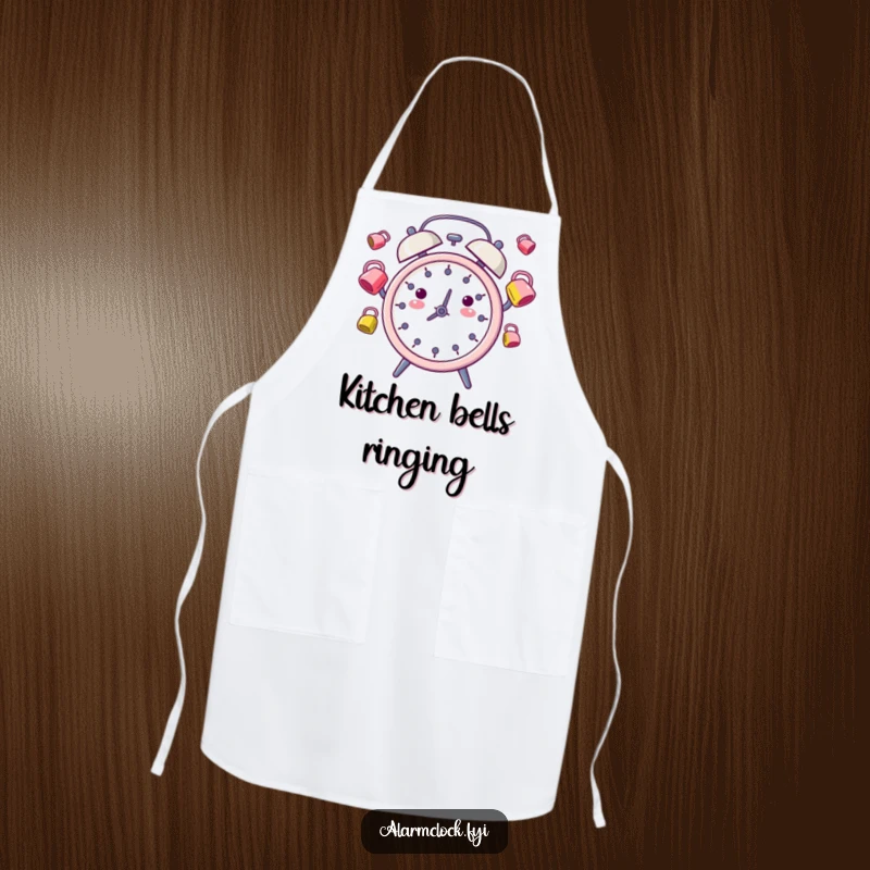 Funny Apron: A delightful alarm clock character juggling tiny bells, ready to add fun to cooking.