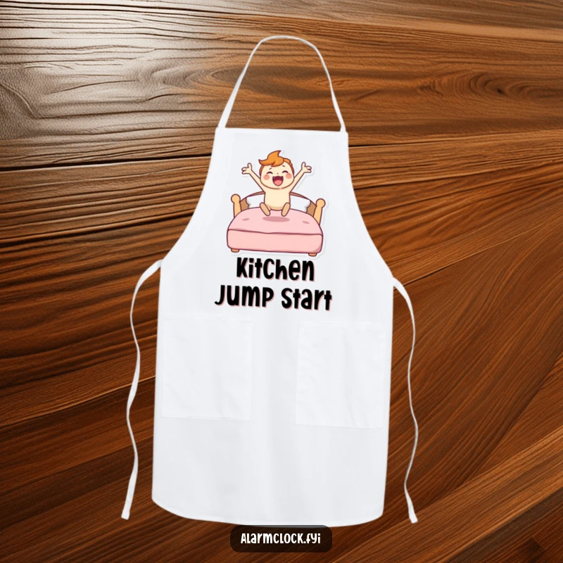 Funny apron with a character energetically leaping from a bed, ideal for chefs who bring passion and vigor to their cooking.