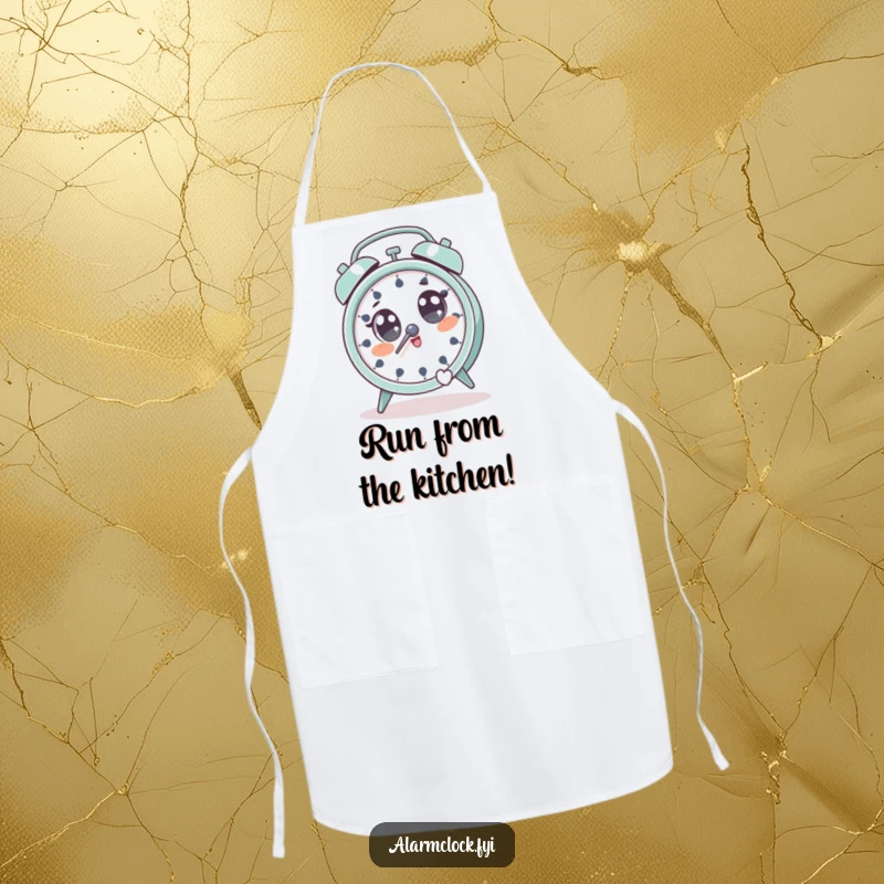 Funny apron showing a character with wide eyes, comically jumping away from a ringing alarm clock.
