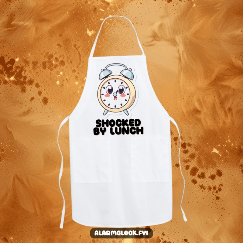 Funny apron with a surprised alarm clock character with wide eyes, startled by its own ring, perfect for a humorous cooking experience.