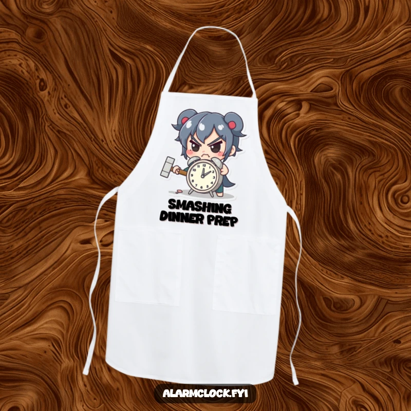 Funny apron showcasing a determined character smashing a tiny alarm clock with a hammer, ideal for a humorous kitchen accessory.