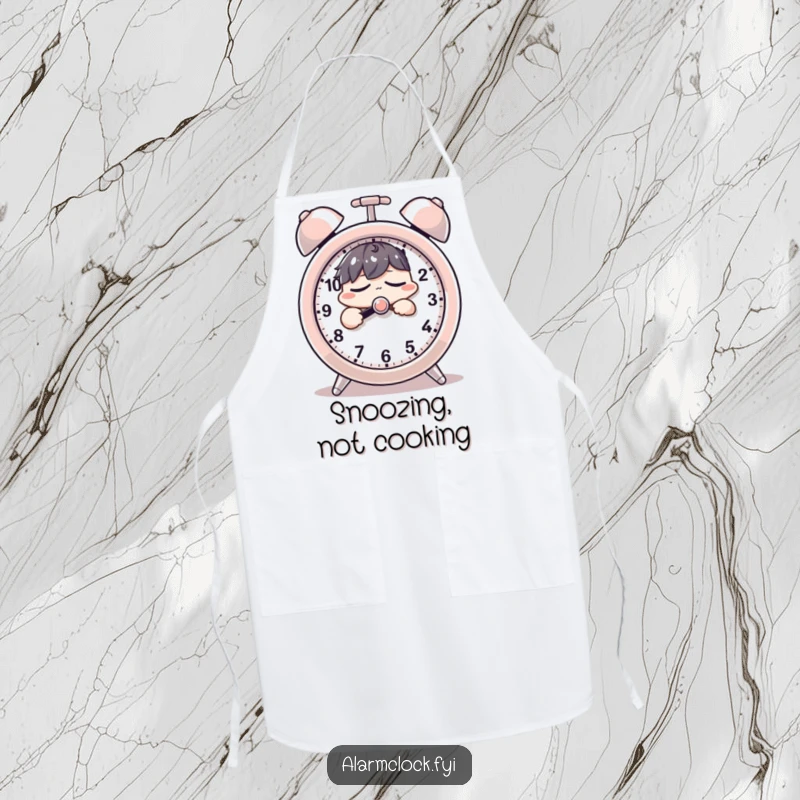 Funny apron showcasing a sleepy character groggily pressing a giant alarm clock's snooze button, ideal for a humorous kitchen accessory.