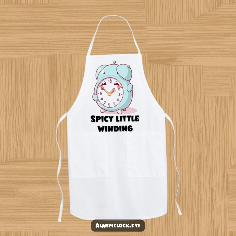 Funny Mischief Clock Apron: A character winding a small clock with a mischievous grin, perfect for kitchen fun with prankster humor.