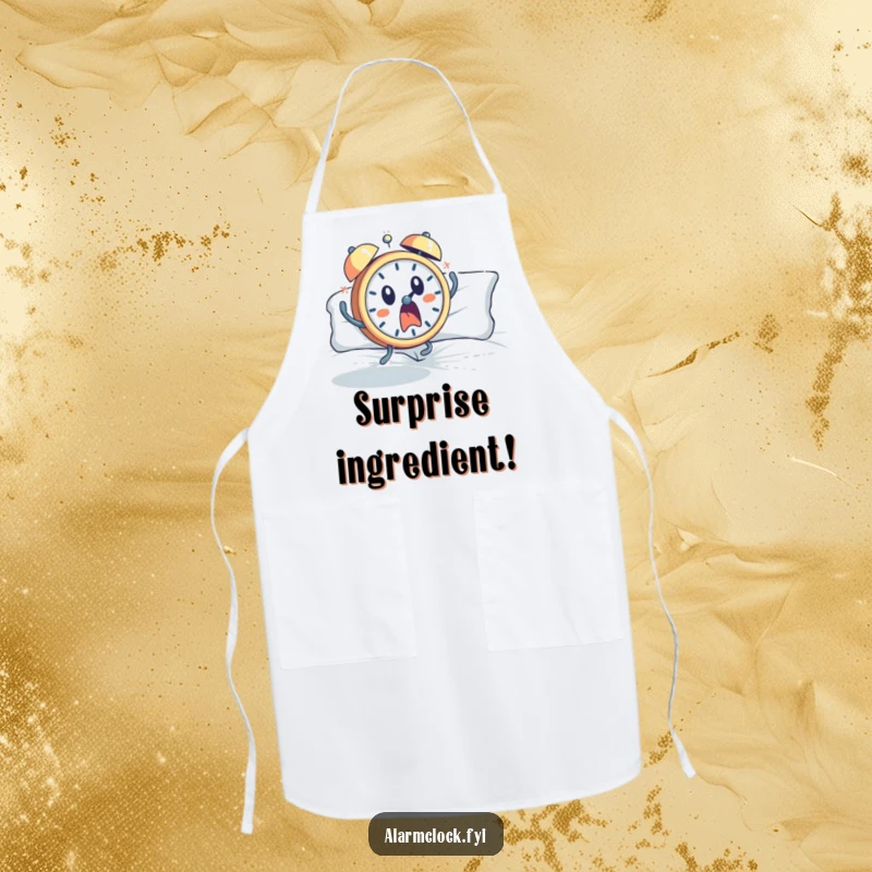 Funny apron showing a startled alarm clock character jumping out of bed, ready to tackle kitchen tasks with surprised energy.