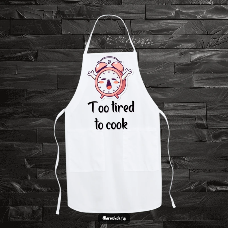 Funny Apron: A yawning alarm clock character stretching, perfect for slow mornings in the kitchen.