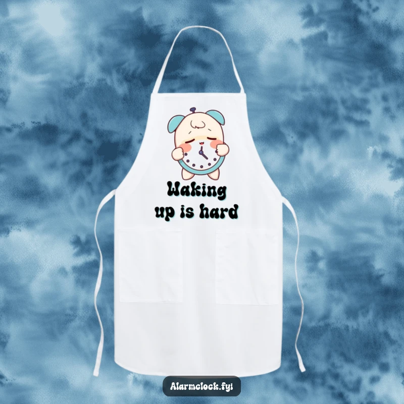 Funny apron with a sleepy character groggily slapping an alarm clock, perfect for kitchen humor and sleepy cooks.