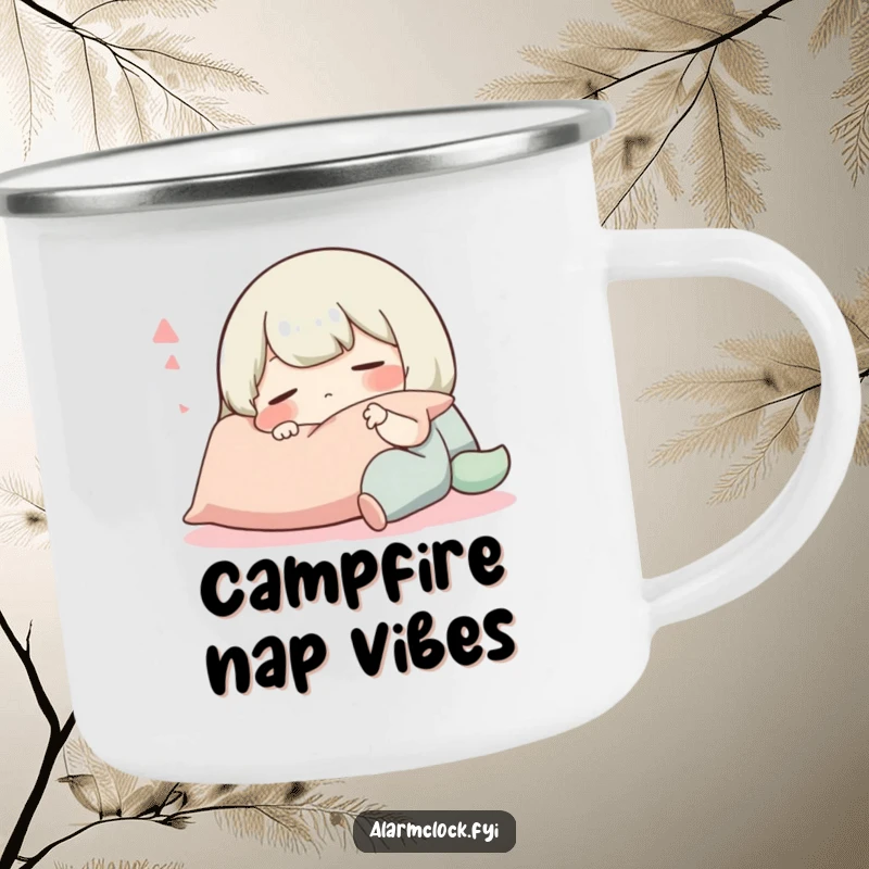 Funny camping mug illustration of a peaceful character snoozing soundly on a pillow, bringing cozy humor to outdoor mornings.