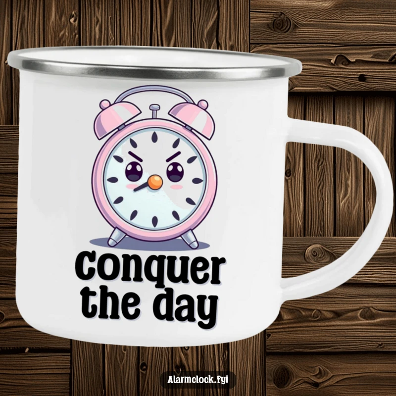 Funny camping mug with a determined, loud-ringing alarm clock character, perfect for motivational outdoor mornings.