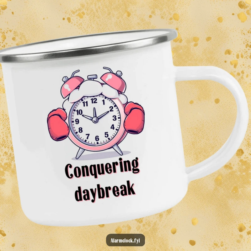 Funny camping mug with a boxing alarm clock punching a cloud, perfect for humorous outdoor enthusiasts.