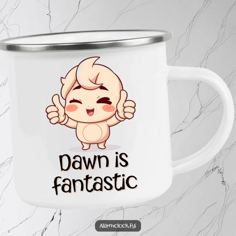 Funny Winking Character Camping Mug featuring a cheerful character giving a double thumbs up to the morning, perfect for outdoor humorous enjoyment.