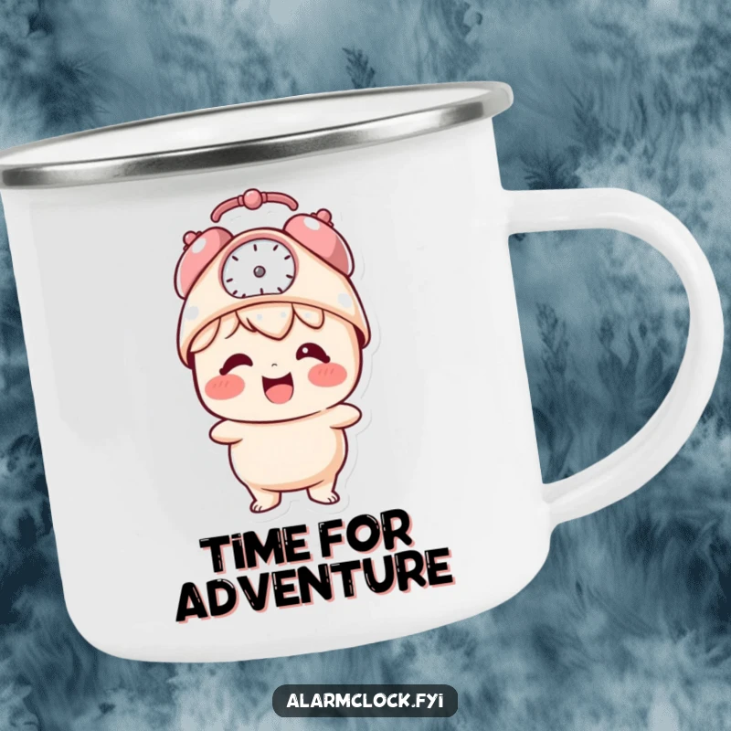 Funny camping mug featuring a giggling character wearing an alarm clock hat, ideal for cheerful outdoor enjoyment.