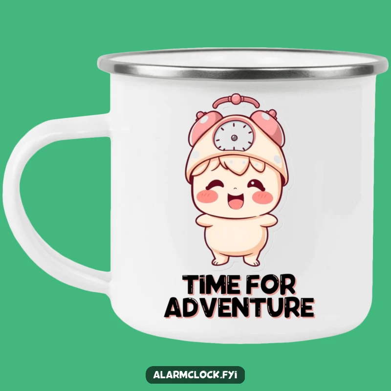 Funny Alarm Clock Camp Mug: Giggling Character Outdoor Fun