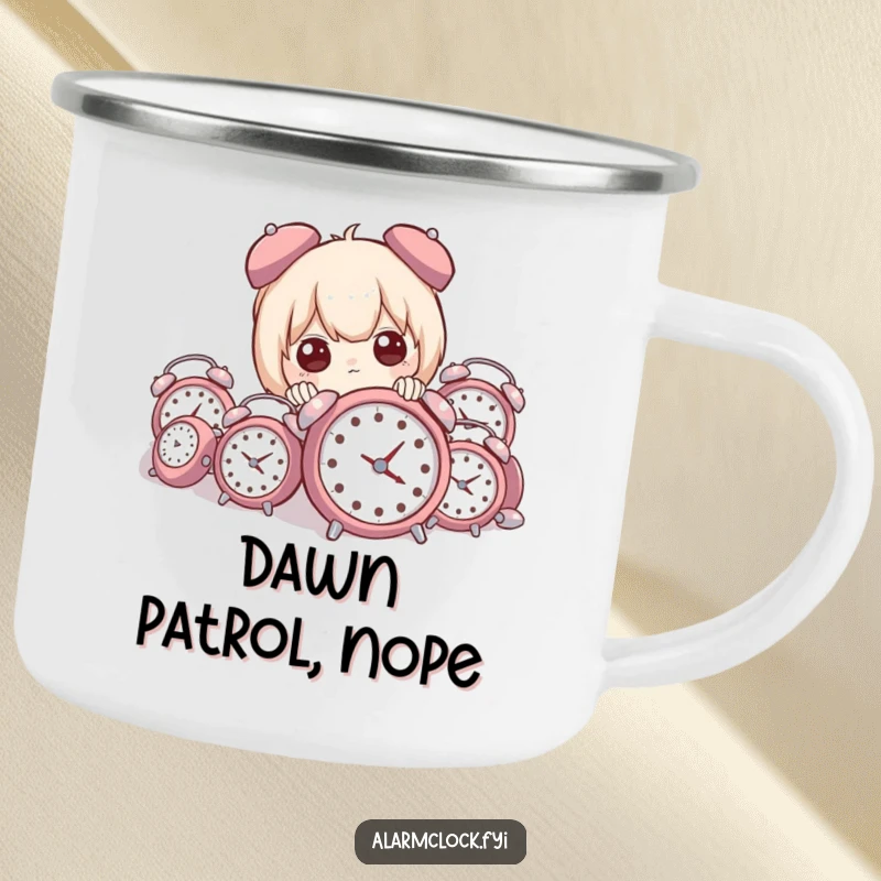 Funny camping mug with a character peeking from behind a heap of tiny alarm clocks, ready for morning coffee in the wild.