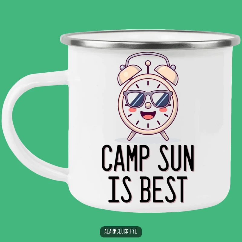 Funny Cheerful Alarm Clock Camping Mug: Sunny Adventures Start Here