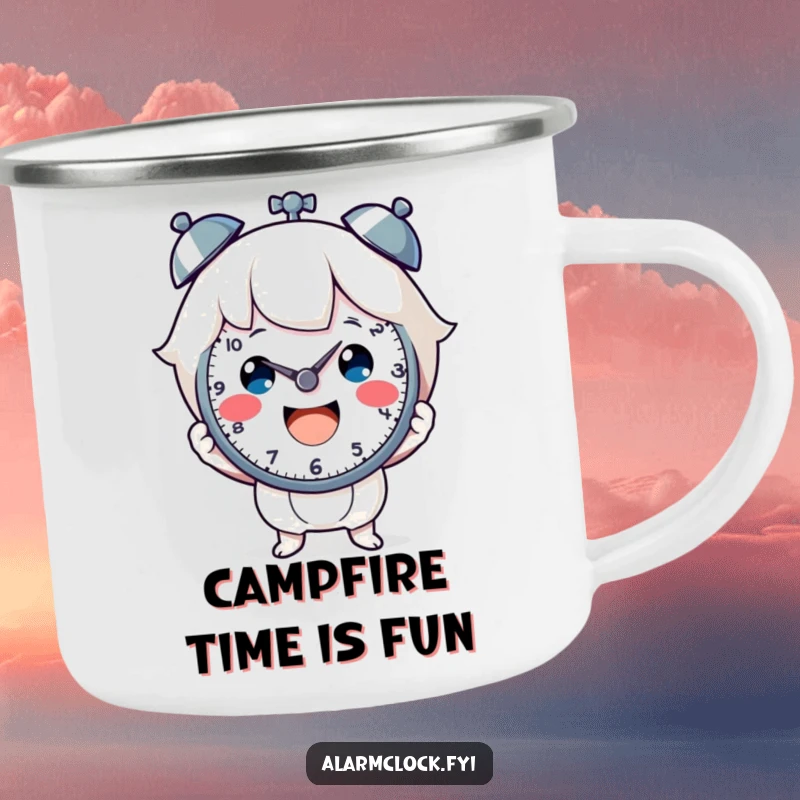 Funny camping mug featuring a cheerful character holding a clock face, bringing joy to outdoor moments. Great funny gift.