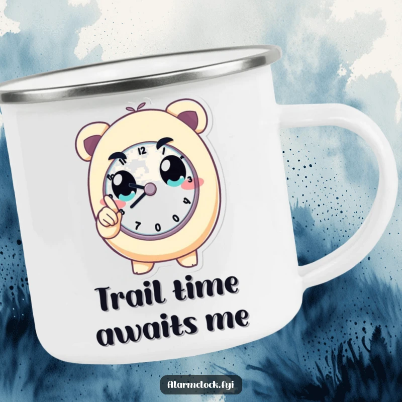Funny camping mug featuring a determined character pointing at a clock, symbolizing punctuality even in the wild. Great funny gift.