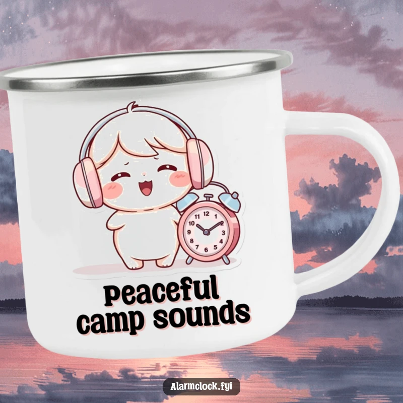 Funny camping mug showing a giggling character wearing earmuffs while an alarm clock rings nearby.
