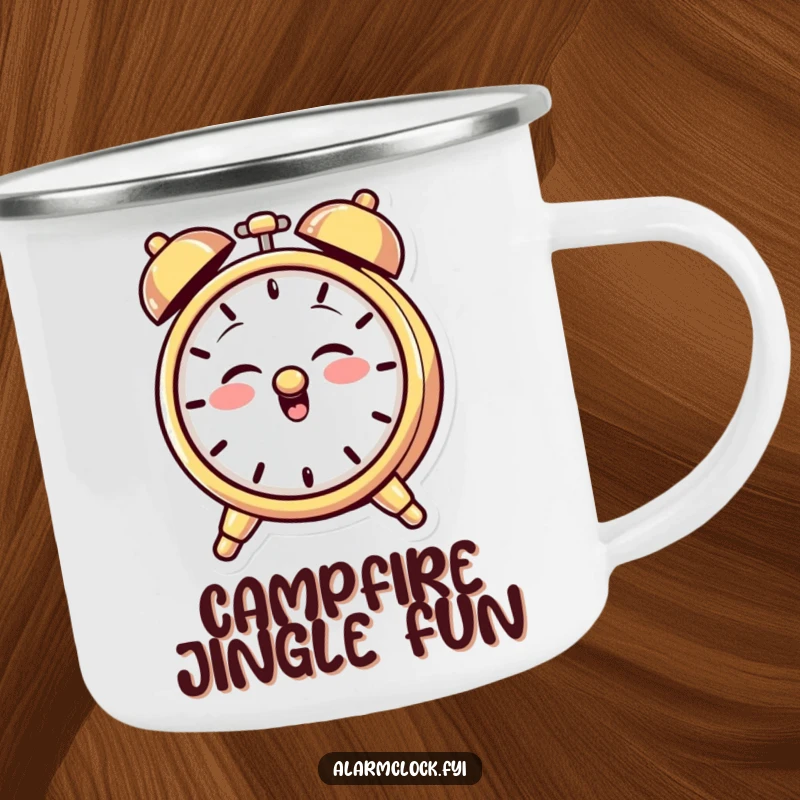 Funny camping mug depicting a giggling alarm clock character with a mischievous grin, playfully ringing its bell for campfire fun.