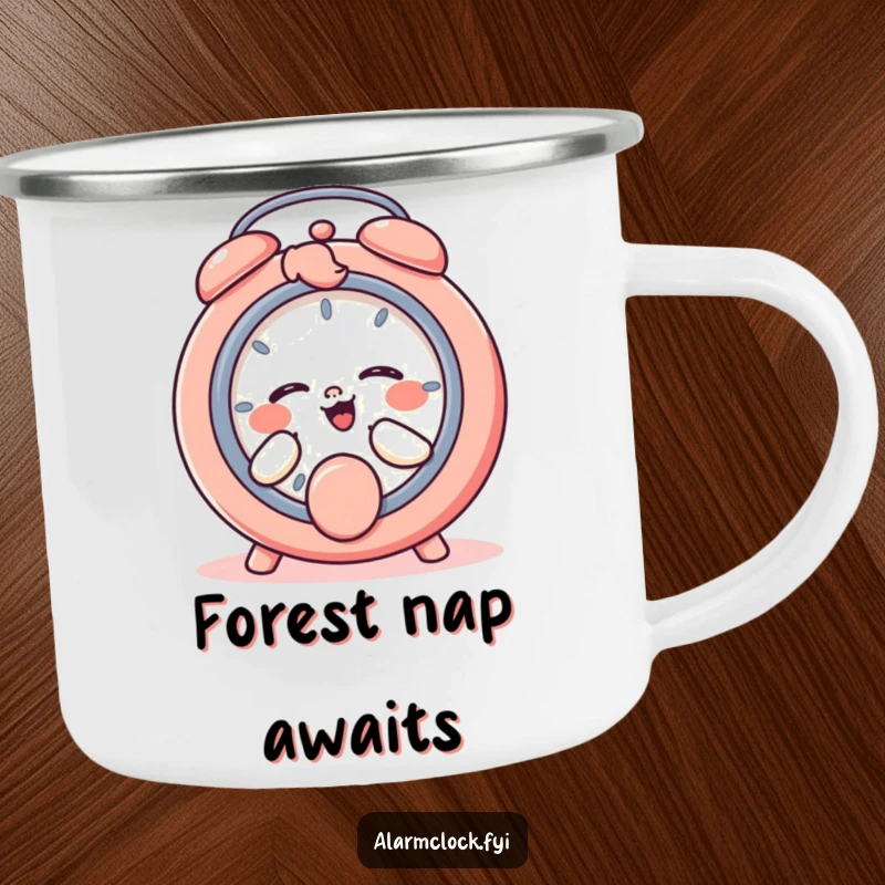 Funny camping mug showing a giggling character playfully hitting a snooze button, for humorous outdoor mornings.