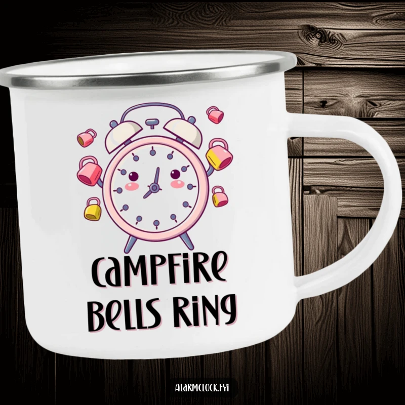 Funny Camping Mug: A playful alarm clock juggling bells, perfect for outdoor brews and morning fun.