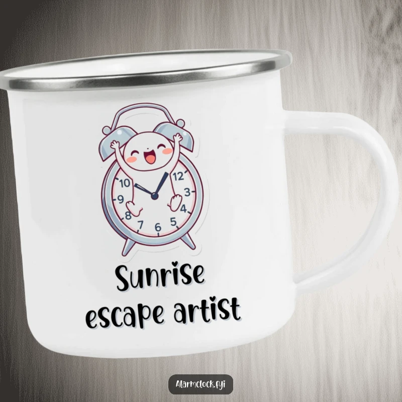 Funny camping mug featuring a cheerful character joyfully leaping out of an alarm clock, ideal for starting outdoor adventures.